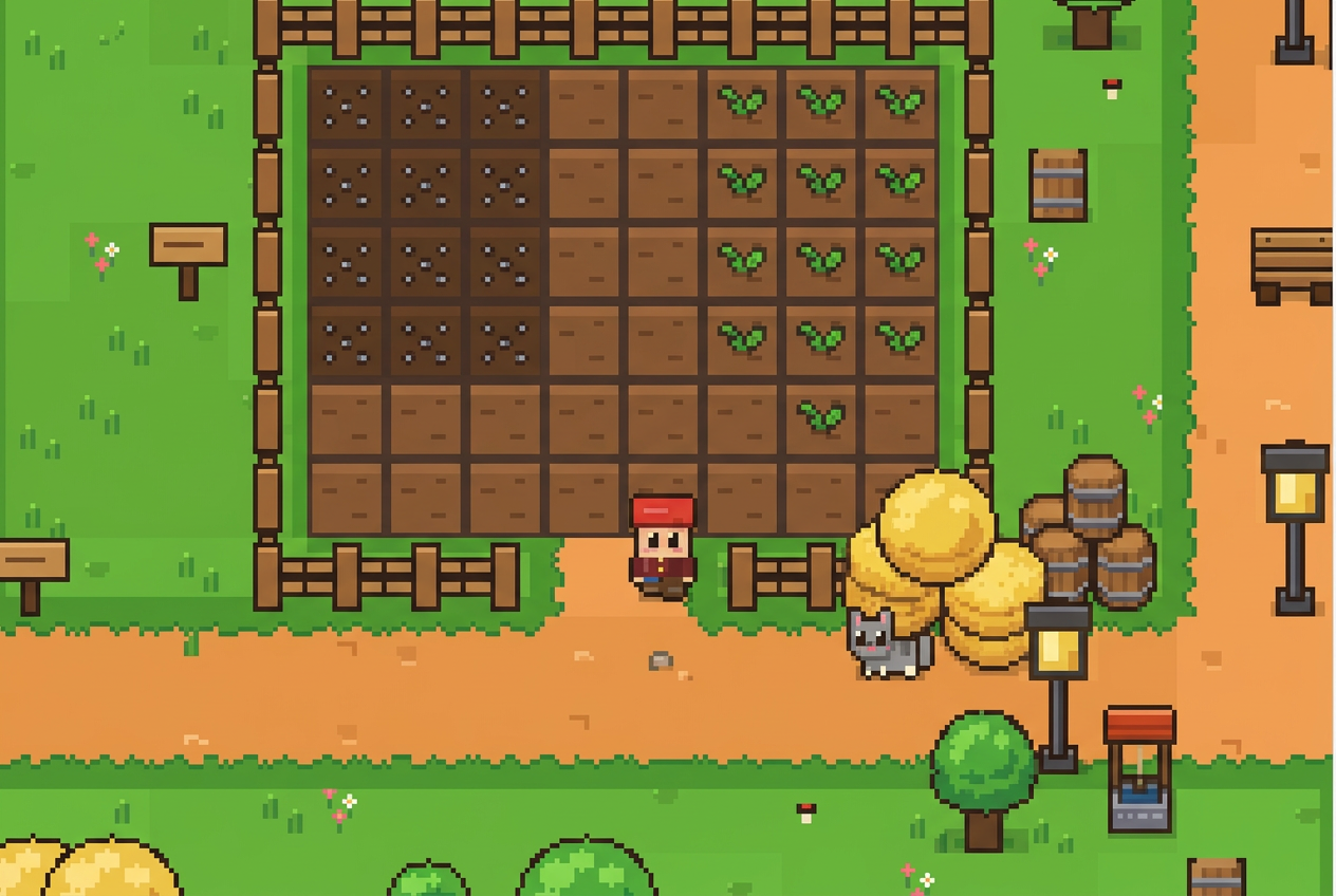 A pixel-art farm with fenced crop plots, a farmer, and a cat